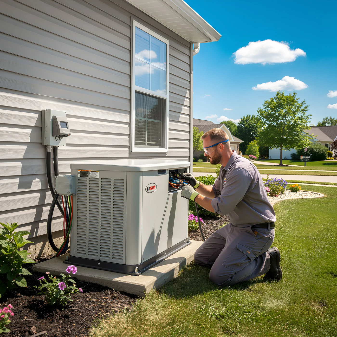 Local technician servicing a Generac Guardian standby generator outside a Central Virginia home